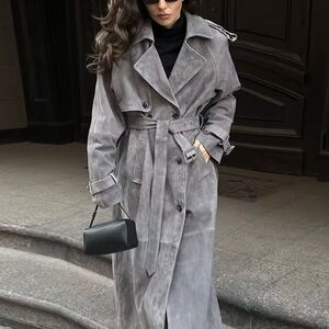 Elegant Suede  Gray Women's Trench Coat